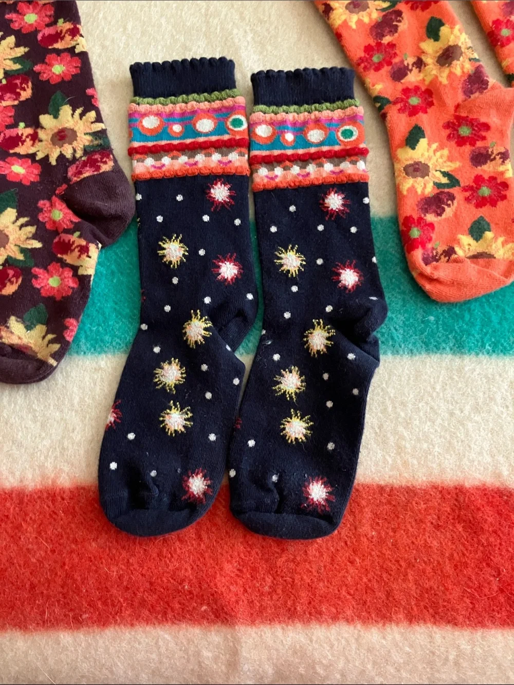 Girls' Floral & Star Print Crew Socks - Navy, Purple, Orange